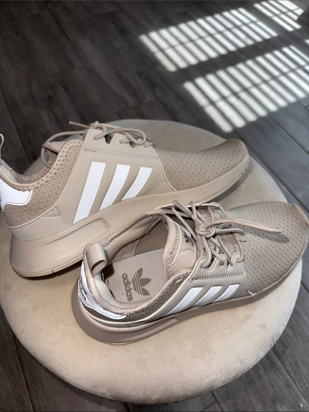 adidas Taupe/Cream Running Sneakers with White Stripes